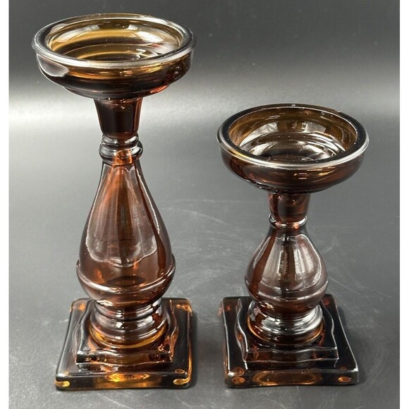 Vintage Amber Glass Candlestick Holders 2 Sizes Hold 3 Inch Diameter Candles - Picture 4 of 8